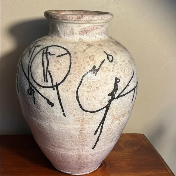 VTG Large MCM Abstract Graphic Art Hieroglyphics Earthenware Vase Centerpiece